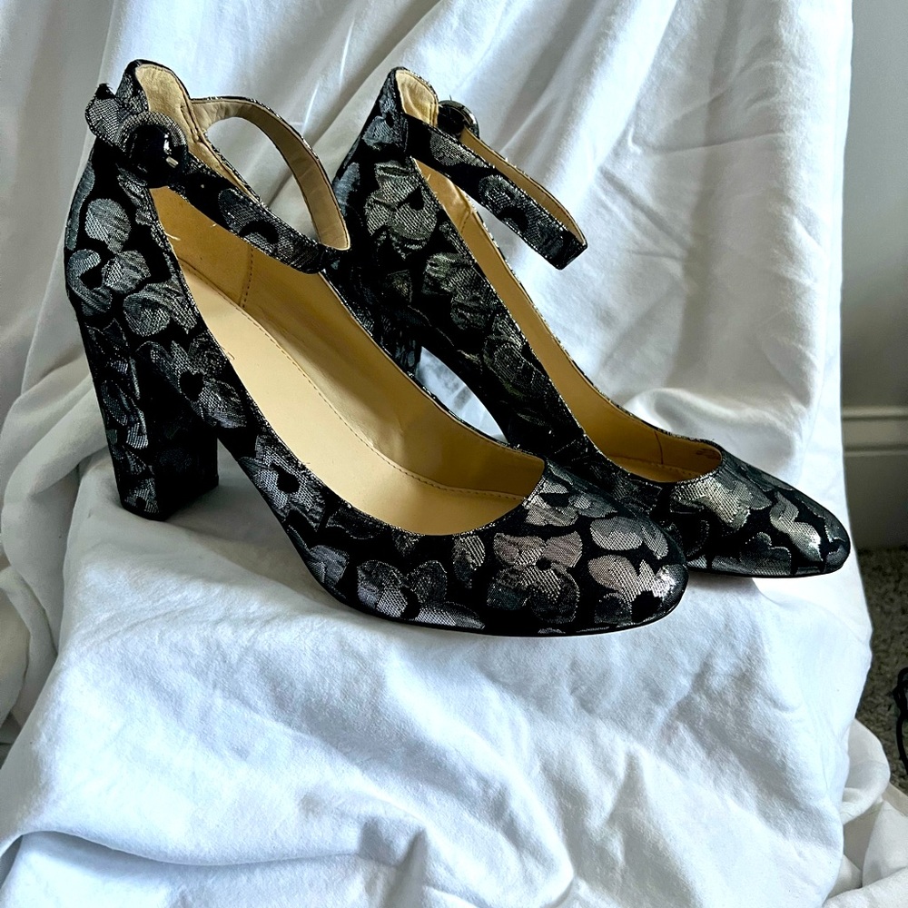 Marc Fisher, Women’s Size 11, Black and Silver round toe, ankle strap heels